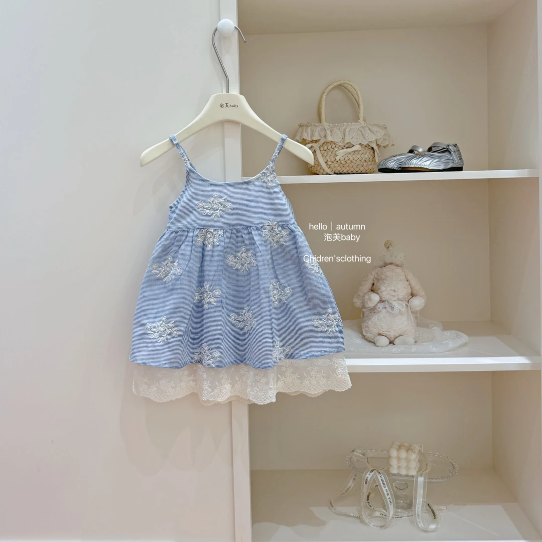 【泡芙baby】童装蓝色蕾丝吊带裙森系韩版连衣裙甜美公主裙