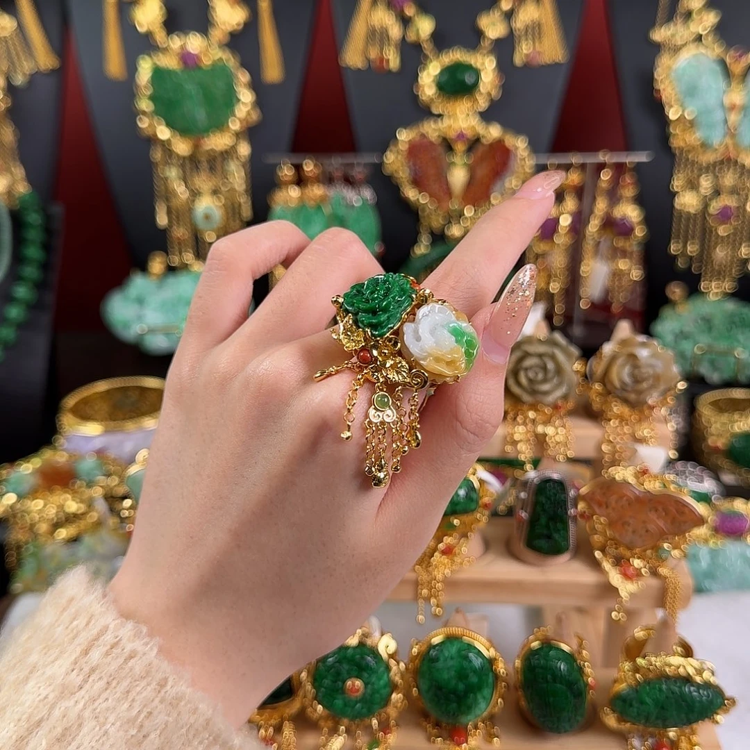 翡翠银S925镀金镶嵌颈饰戒指炸价