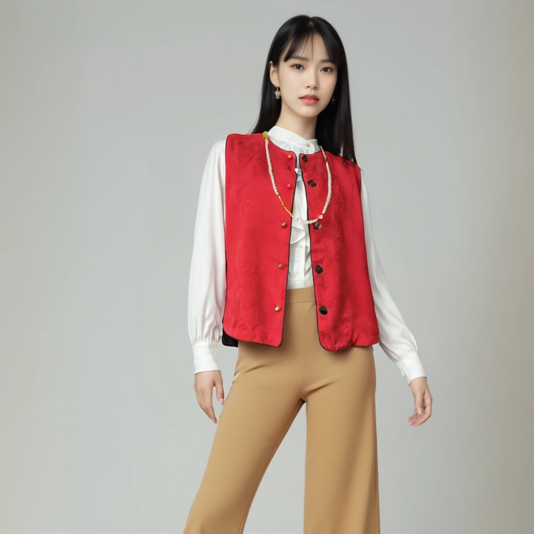 深圳南油时尚新款爆款新中式女装中国风红色提花马甲