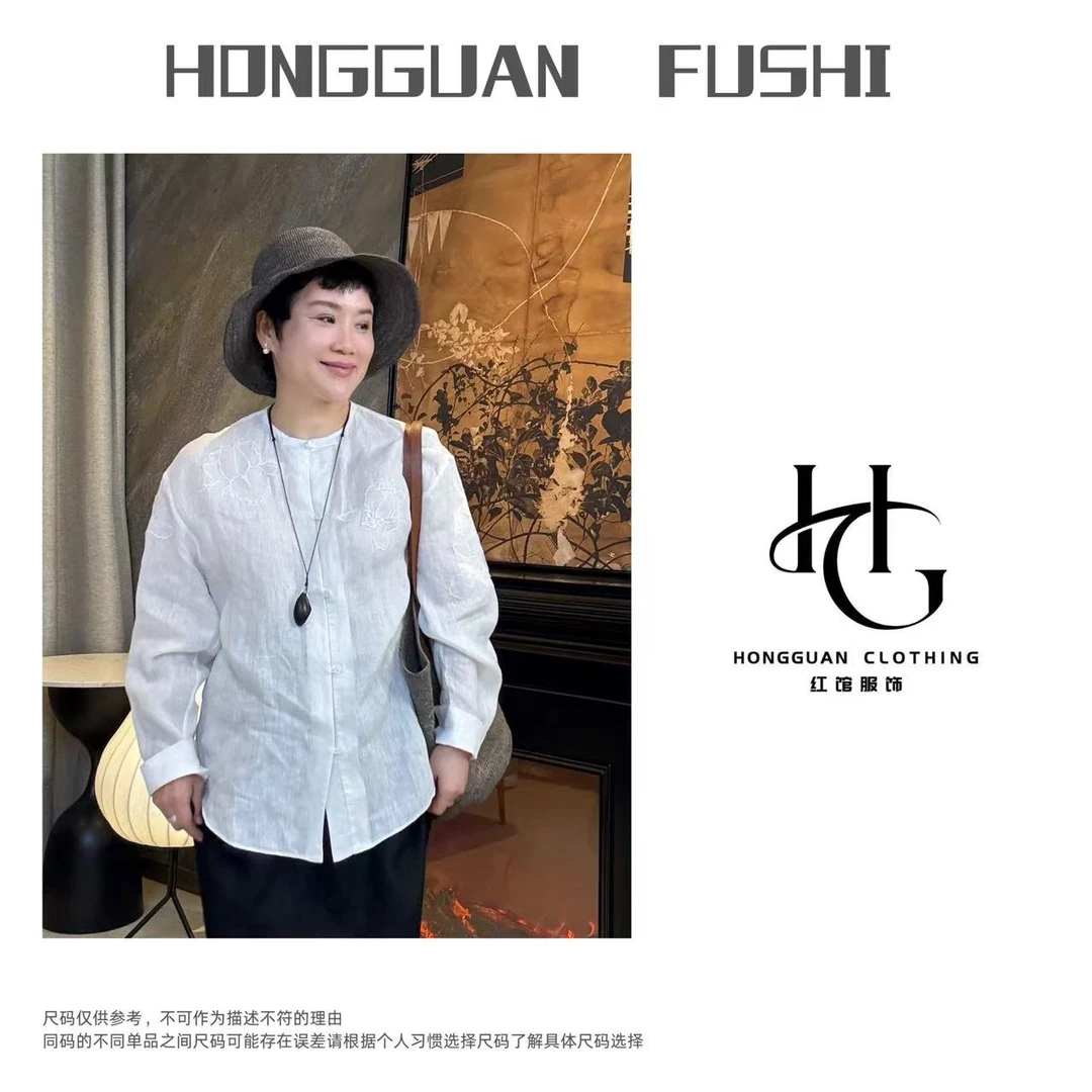 H·G【清风】3402  新款时尚亚麻刺绣新中式款宽松衬衫