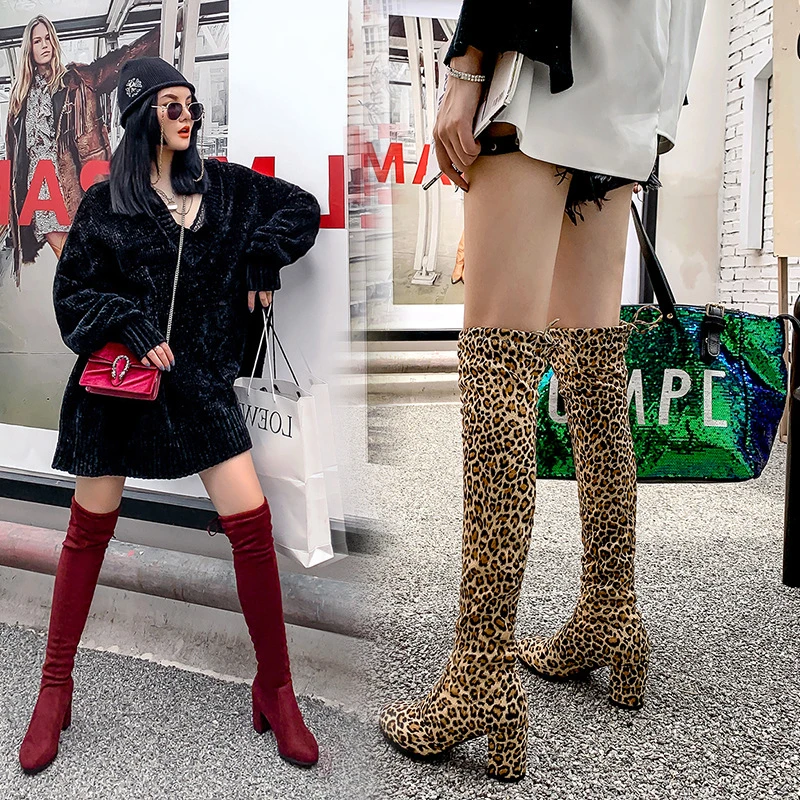 40/43欧美外贸大码靴子女新款女靴豹纹弹力瘦瘦靴高跟过膝靴代发
