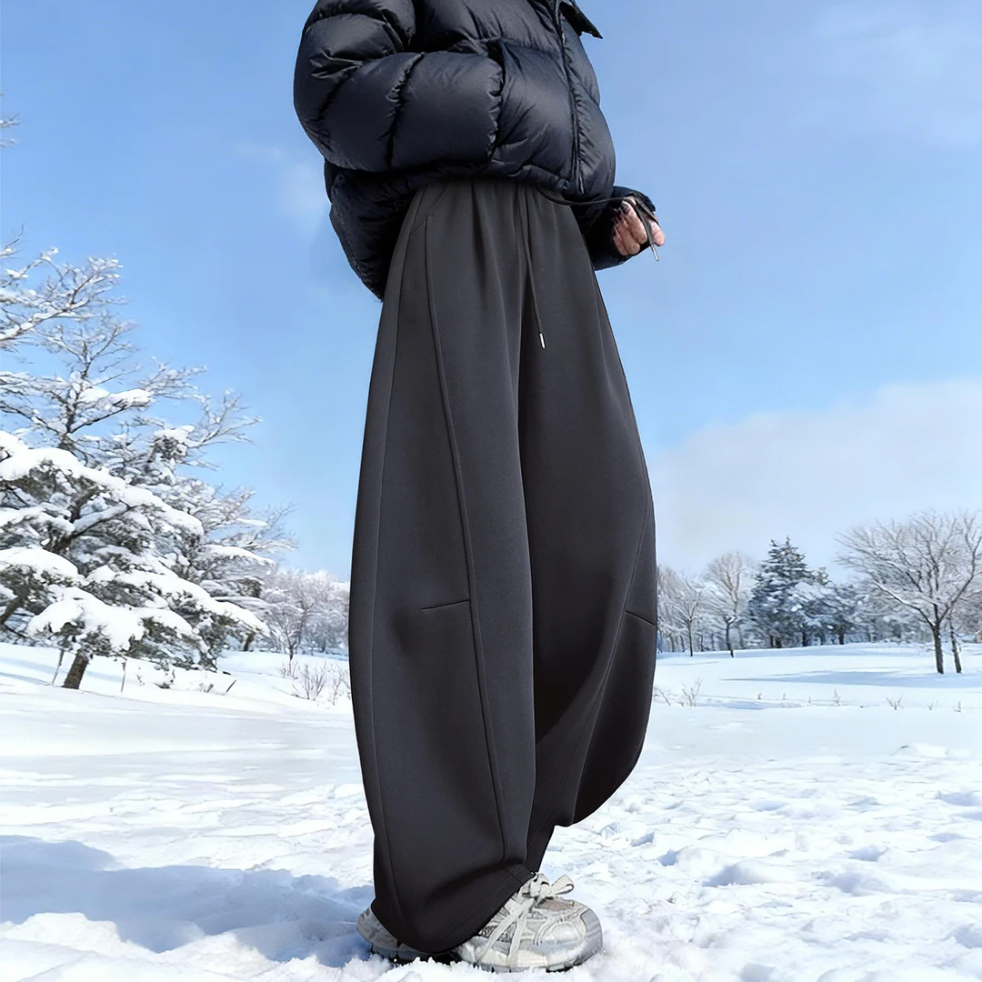 羊羔绒黑标弯刀运动裤女冬季2025新款大码垂感宽松小个子阔腿卫裤