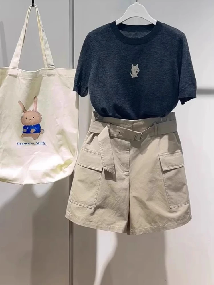 夏装搭配一整盐系轻熟时尚设计感短袖上衣高腰工装短裤两件套装女