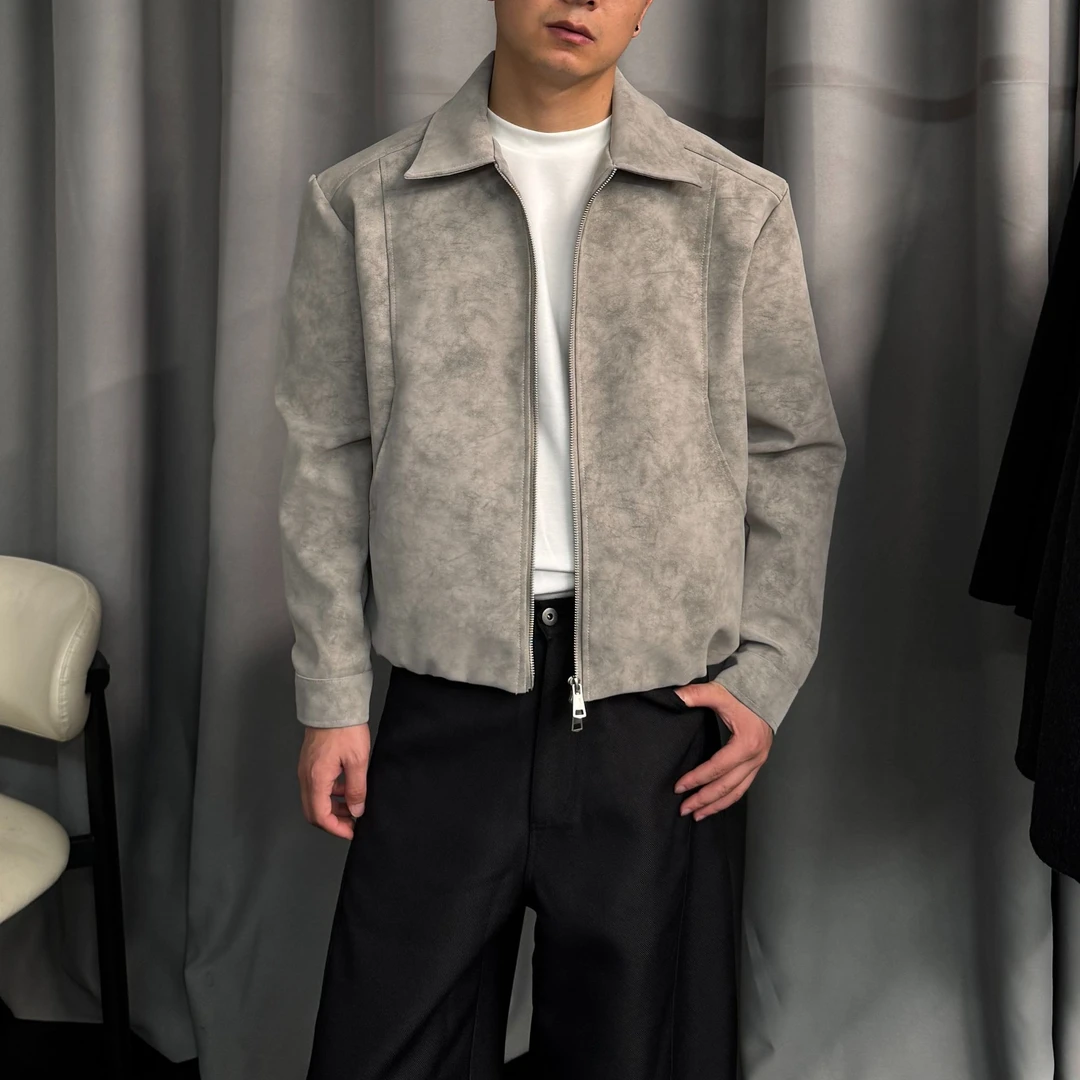 GP2 2025aw美式复古廓形水洗理石纹秋季三防时尚翻领皮衣夹克外套