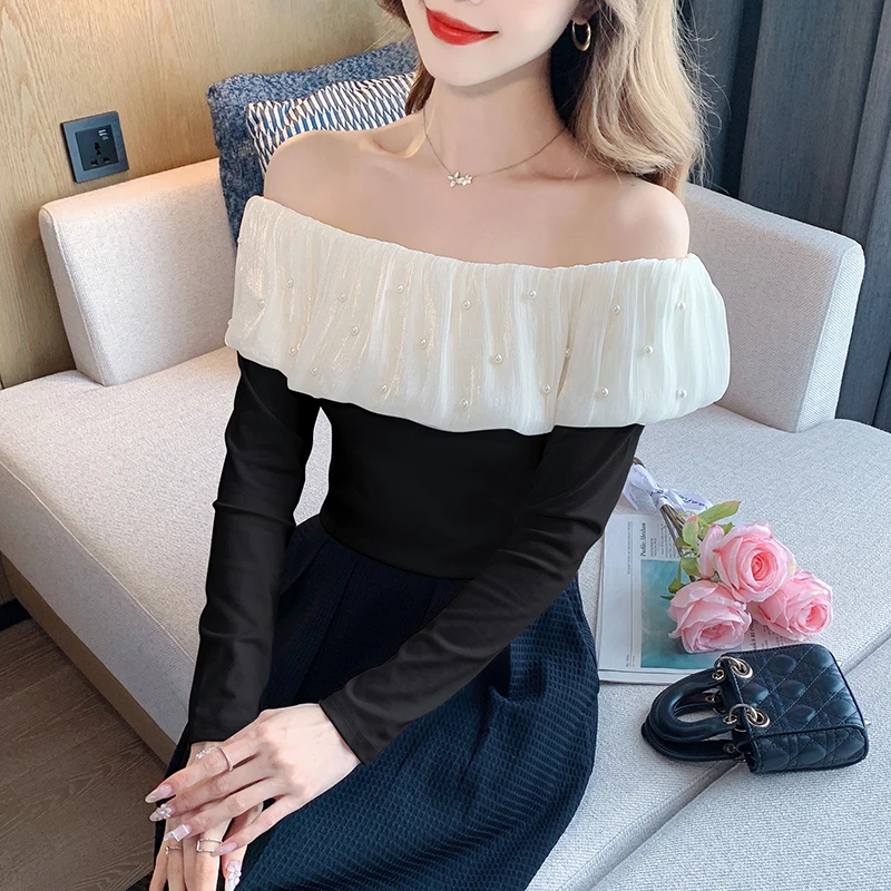 2025一字肩短款荷叶边修身洋气锁骨打底T恤一字领长袖设计感上衣