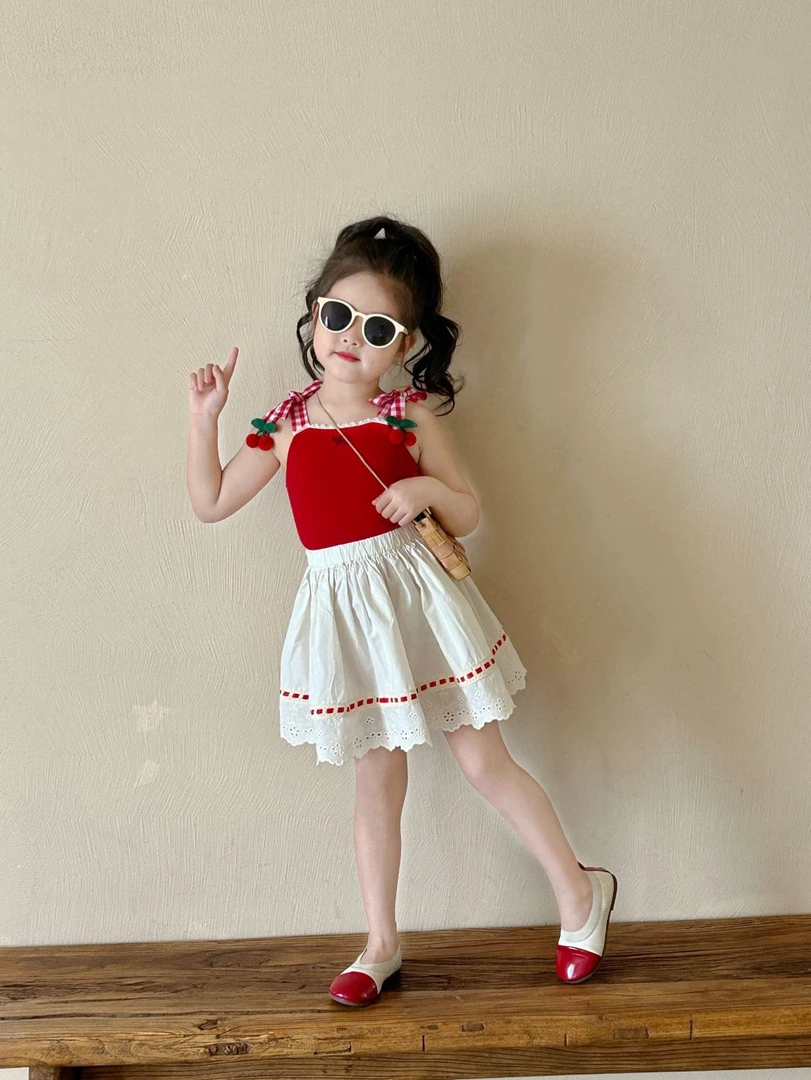 女童夏季新款樱桃吊带上衣洋气织带花边半身裙套装