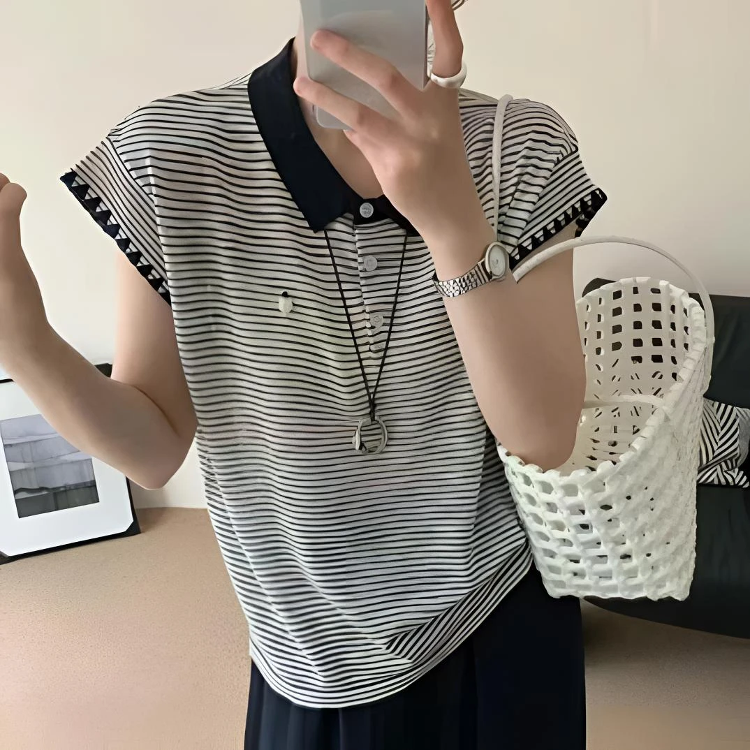 撞色条纹常规款毛针织衫百搭吸汗常规黑白翻领夏季