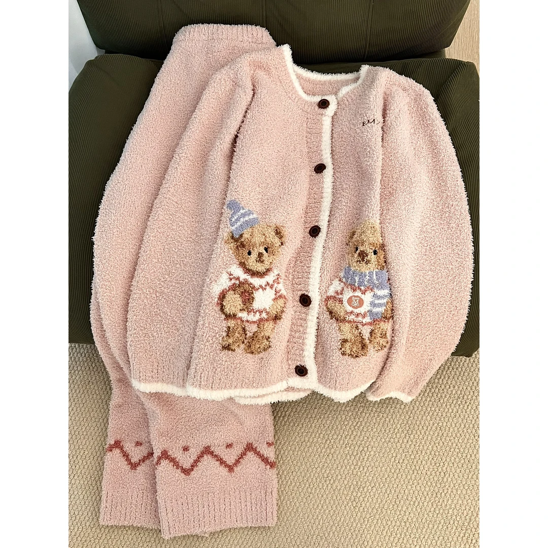 可爱软萌小熊半边绒睡衣女冬季加绒加厚保暖宽松家居服套装可外穿