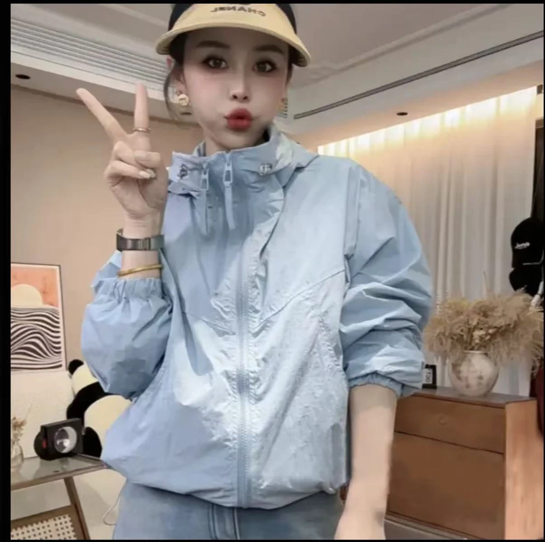 宽松型夏季拉链女连帽防晒短外套女士户外时尚韩版春夏防晒衣