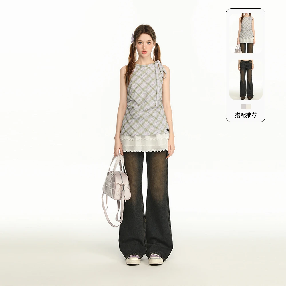 【七七】CyNi 甜美蕾丝拼接挂脖连衣裙上衣女夏季新款甜辣高级感