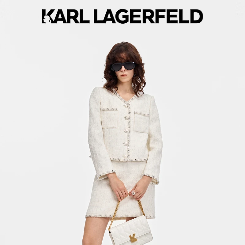 KARL LAGERFELD白色V领钻链小香风外套P21E1503