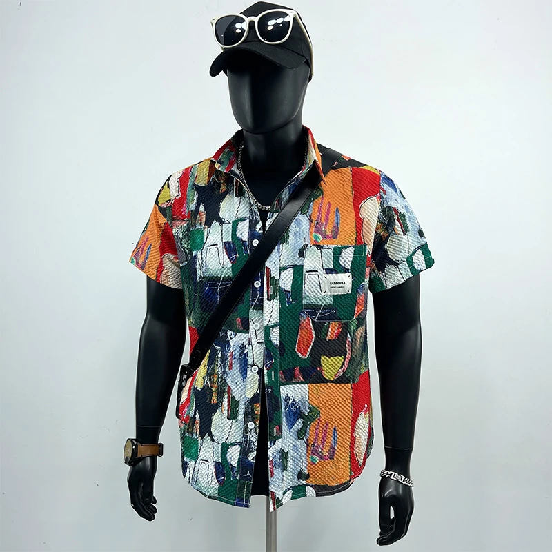 2025夏季新款涂鸦满印短袖衬衫男女潮牌街头宽松情侣小众休闲衬衣