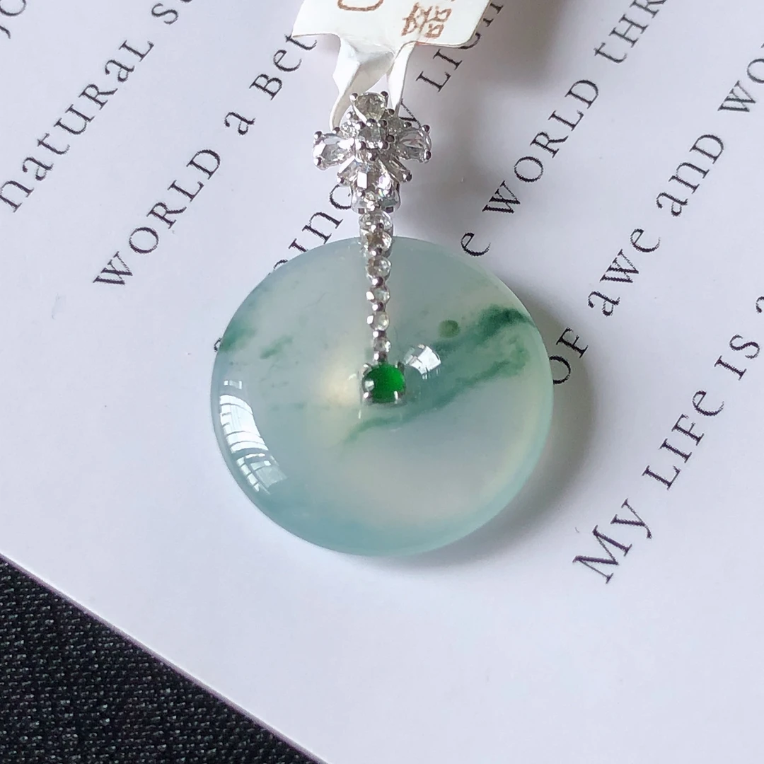 缅甸天然A货翡翠18k金镶嵌老坑冰种飘花平安扣吊坠尺寸28/19.5/5