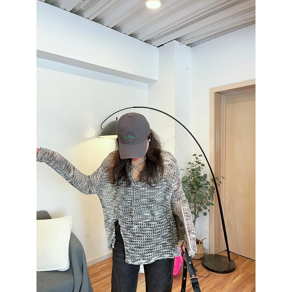 V  N8889胖mm2024春季新款慵懒风镂空外搭针织衫罩衫上衣