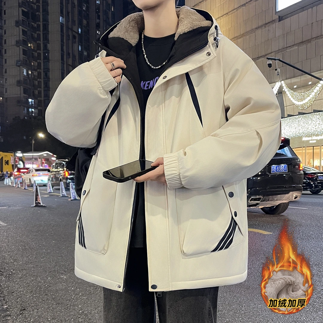 冬季男生外套加绒加厚夹克潮流青少年宽松连帽保暖休闲防风冲锋衣
