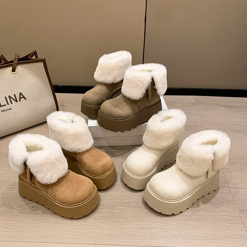 短靴加绒保暖松糕厚底棉鞋2025冬季新款丑萌大头毛毛增高雪地靴女