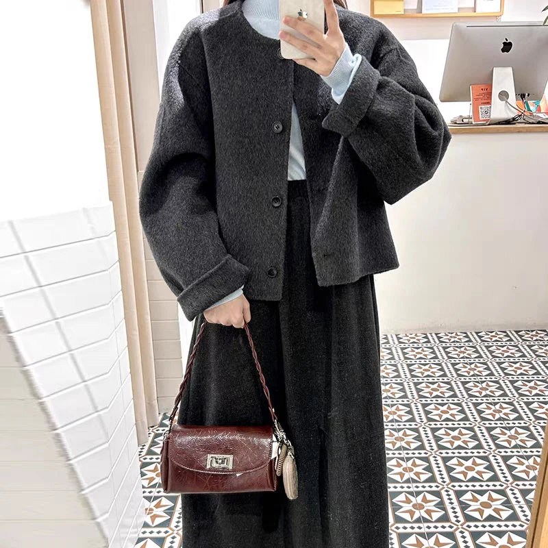秋冬新款圆领百搭短款双面羊绒大衣女小个子气质穿搭