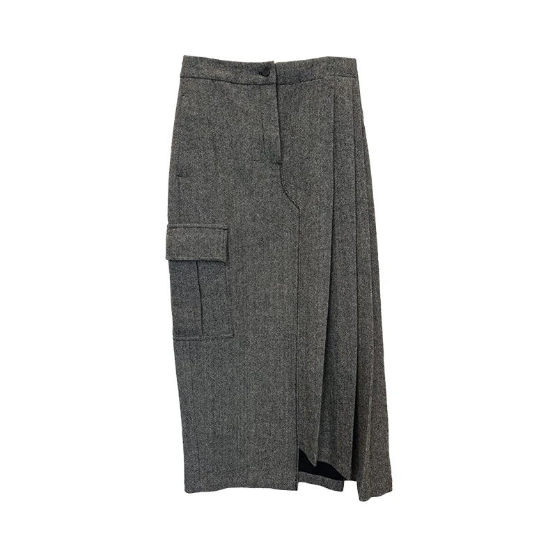 CAOXI/㯥囍羊毛混纺宽松垂感西装褶皱半身裙孤品