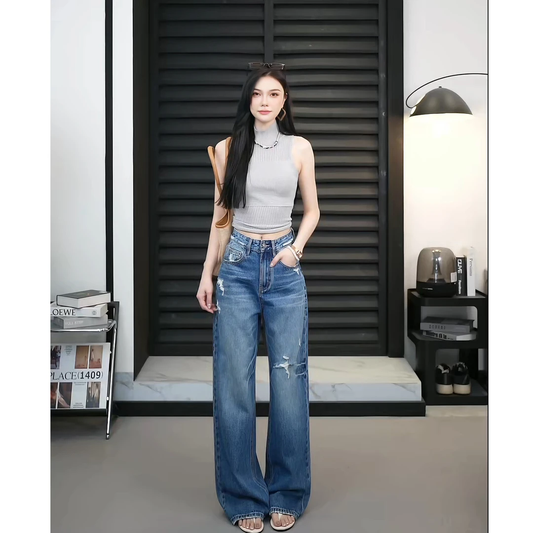【TO&HR.GIRL】77131-蓝色牛仔裤夏季百搭破洞时髦高腰阔腿拖地女裤