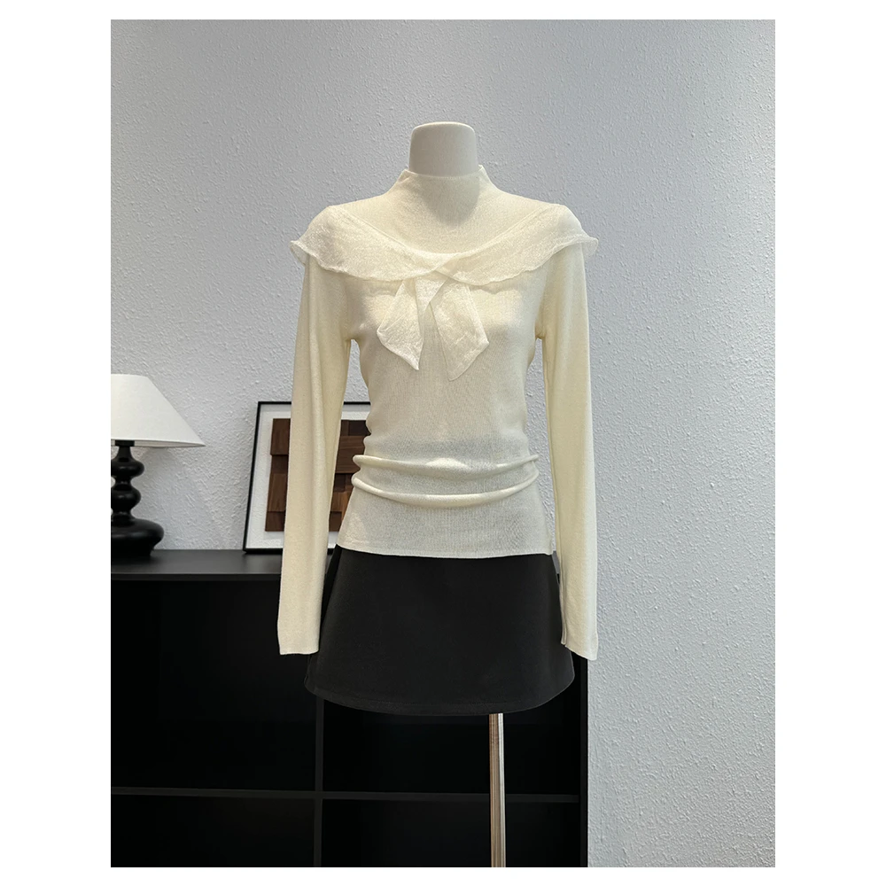 半高领网纱拼接长袖针织衫女时尚显瘦百搭打底衫巨好看上衣G7-23