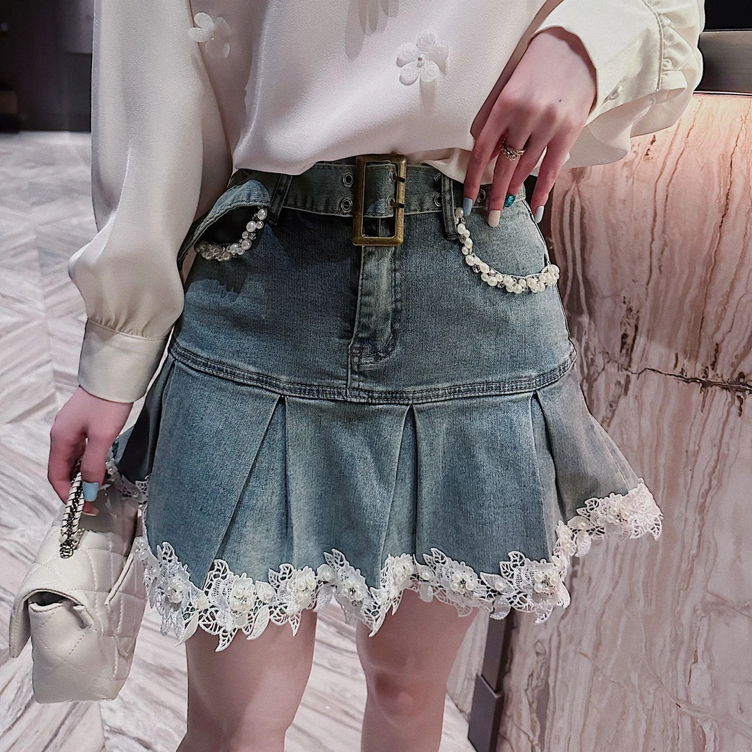 【蕾丝牛仔】学院风蕾丝拼接百搭牛仔半裙XS40840