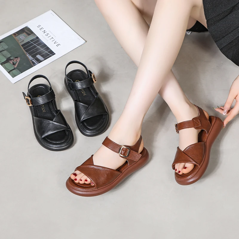 大码42平底妈妈凉鞋女2025夏季新款软底软面防滑百搭复古罗马凉鞋