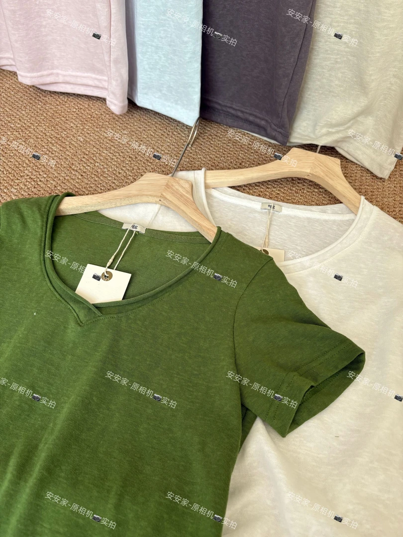 回购n件！e*g卷边V领设计感凉快显瘦T恤 韩系新款纯色显白短袖上衣