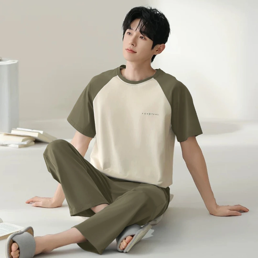 睡衣男夏季新款纯棉短袖长裤简约休闲运动风家居服套装（奶杏黄）