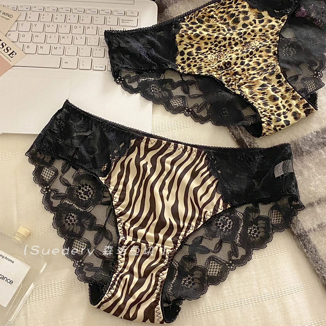 雪豹迷踪~法式性感蕾丝印花豹纹低腰薄款诱惑女三角裤