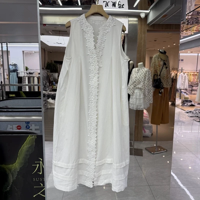 纯棉夏季新款 无袖长款连衣裙女 V领蕾丝花边长款裙子