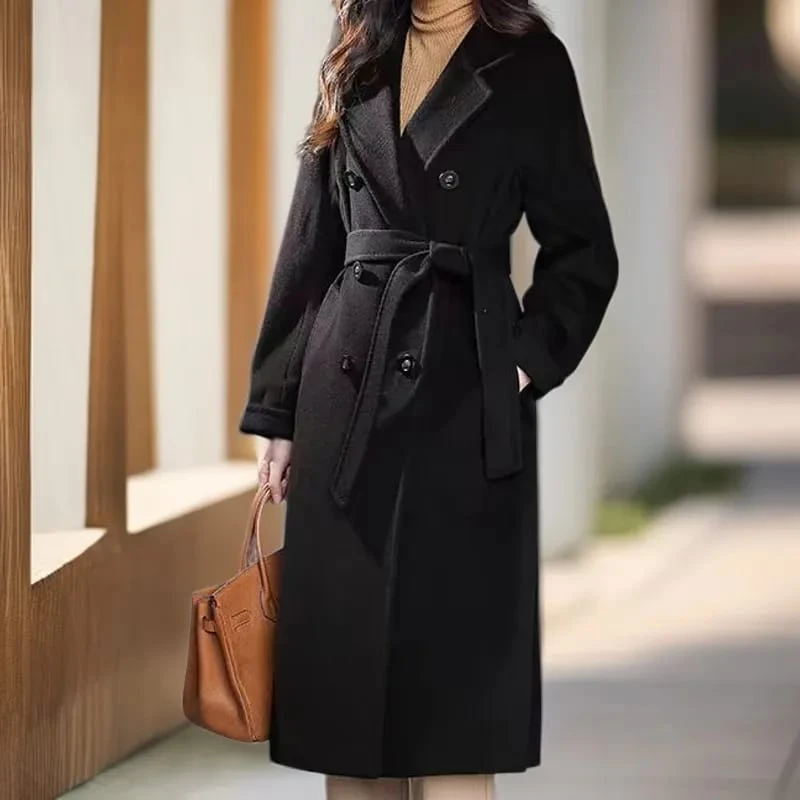 C009高端带里衬加厚双面绒大衣女新款中长款加厚双排扣长款毛呢