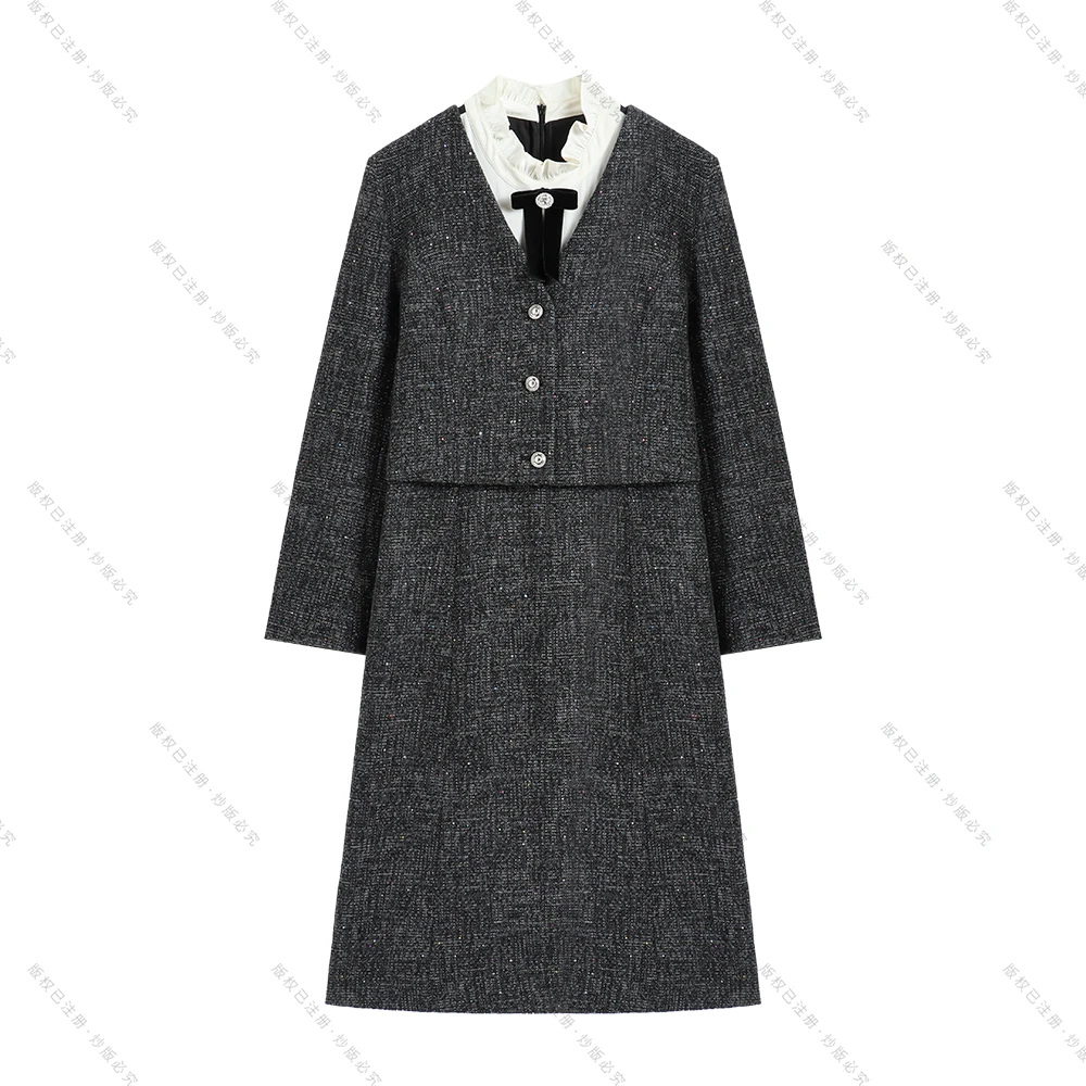 【南油虹姐】秋季新款小香风假两件气质显瘦优雅连衣裙