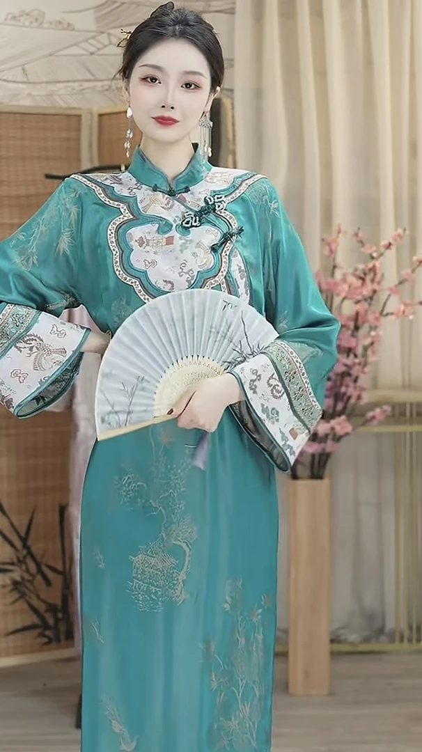 夏维莲2025春季新款中国风飘逸日常雀蓝长款连衣裙1433