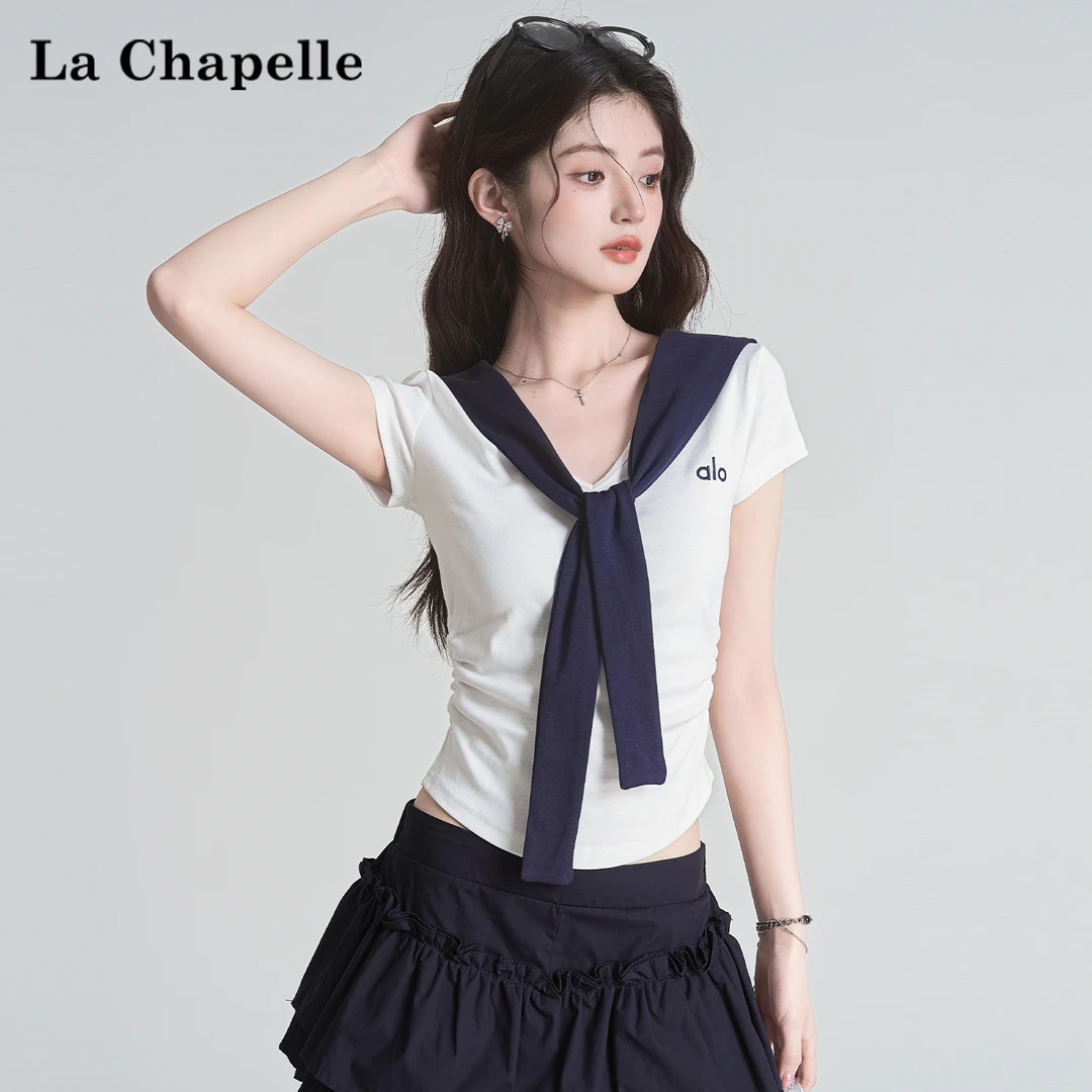 拉夏贝尔撞色V领海军风假两件拼接披肩短袖T恤女夏季收腰显瘦上衣