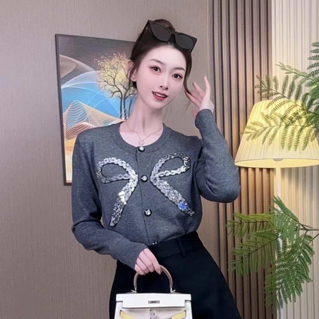 蝴蝶结亮片小香风显瘦时尚针织开衫毛衣