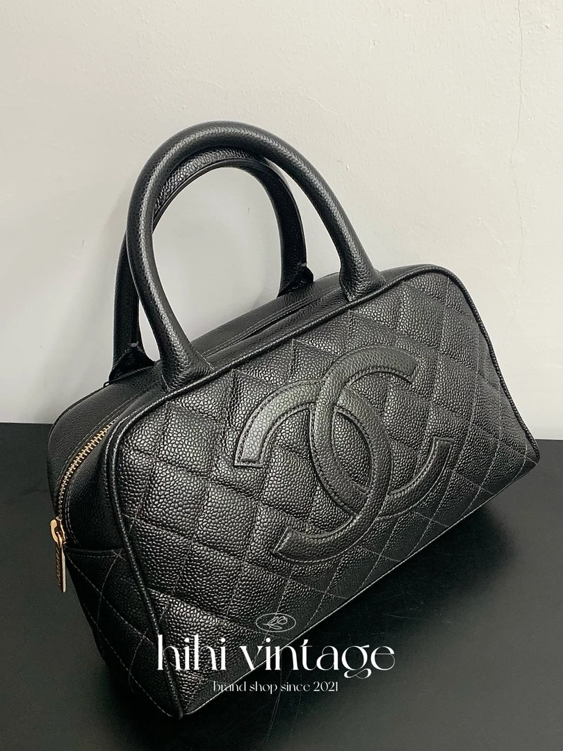 95新 Chanel/香奈儿 黑金荔枝纹小号保龄球手提包9开/二店