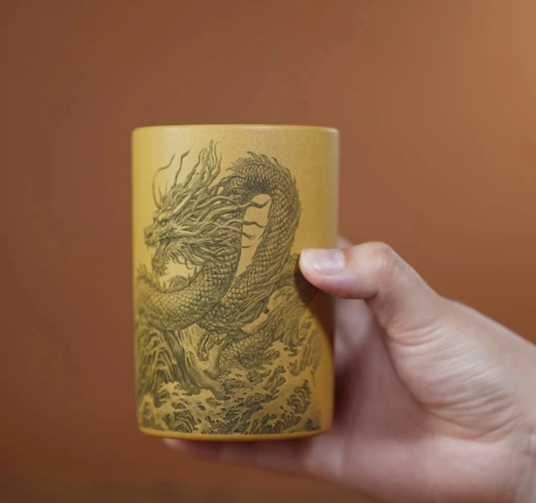 宜兴原矿紫砂 全手工全原矿 黄金段 可乐杯 龙刻绘