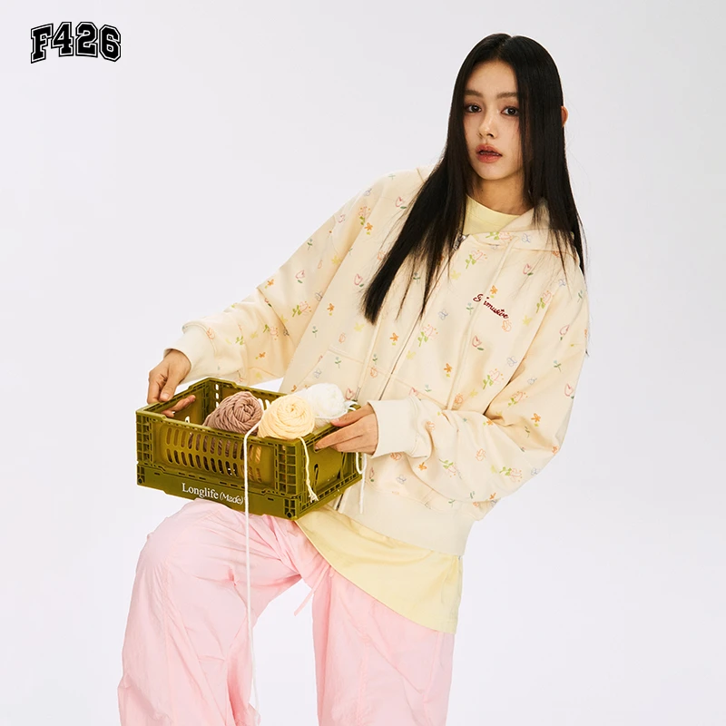 F426国潮牌秋季小花涂鸦印花短款卫衣外套连帽情侣时尚潮流6555