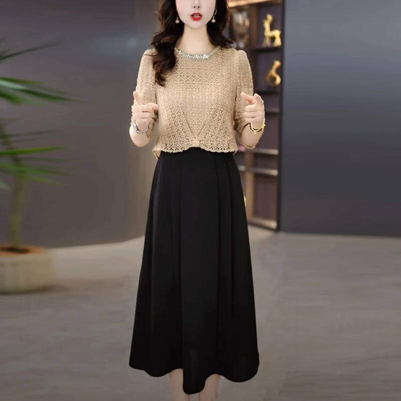梭织精纺轻奢女装2025秋季新款长袖气质显瘦小香风假两件连衣裙子
