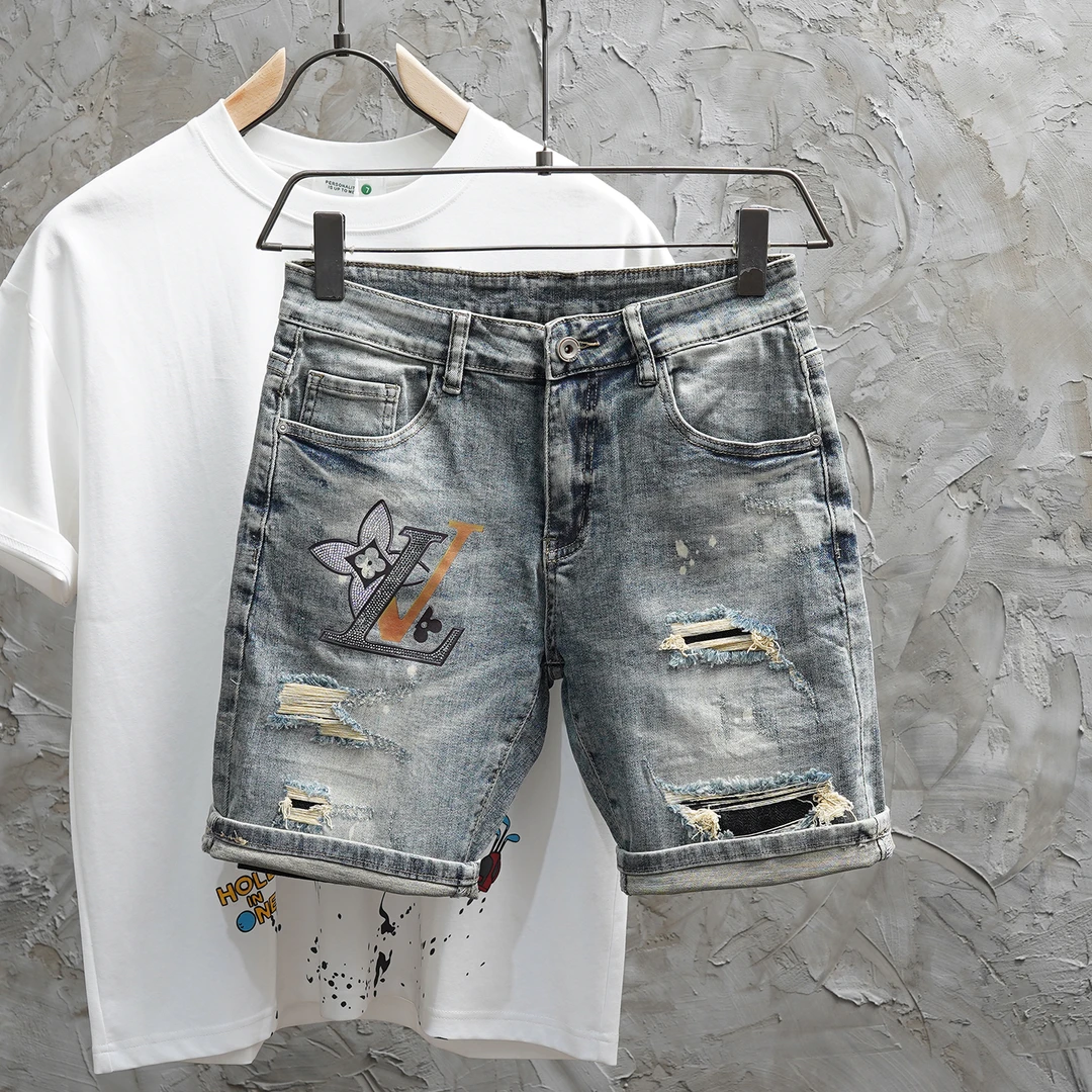 牛仔短裤男潮牌破洞贴布修身小脚烫钻痞帅夏季新款弹力四五分裤子