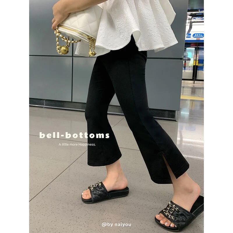 女童黑色开叉喇叭裤2025夏季新款宝宝长裤儿童百搭休闲棉裤子潮