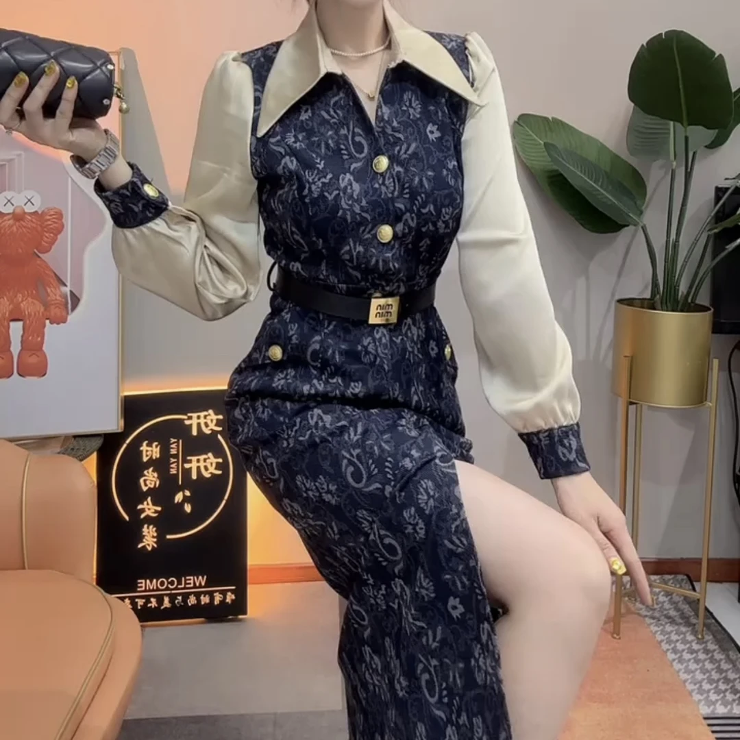 修身显瘦气质时尚拼接撞色V领百搭连衣裙