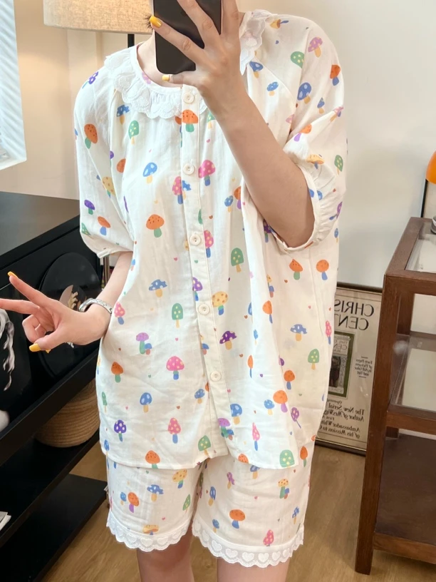 休闲风女甜美短袖韩版睡衣排湿吸汗日系家居服套装新品全棉双层纱