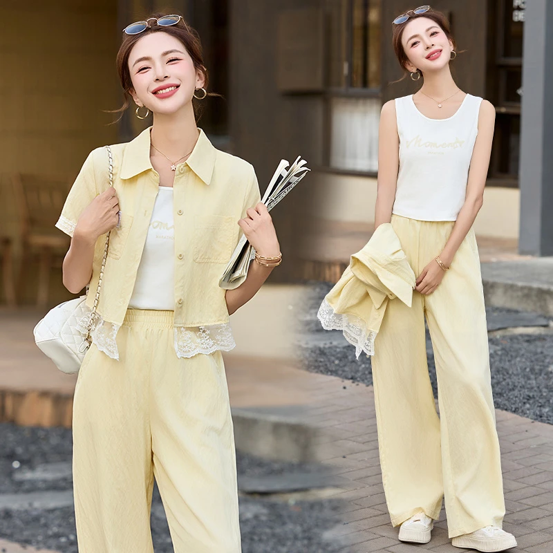 休闲时尚蕾丝拼接套装女2025夏季新款高级感洋气减龄阔腿裤三件套