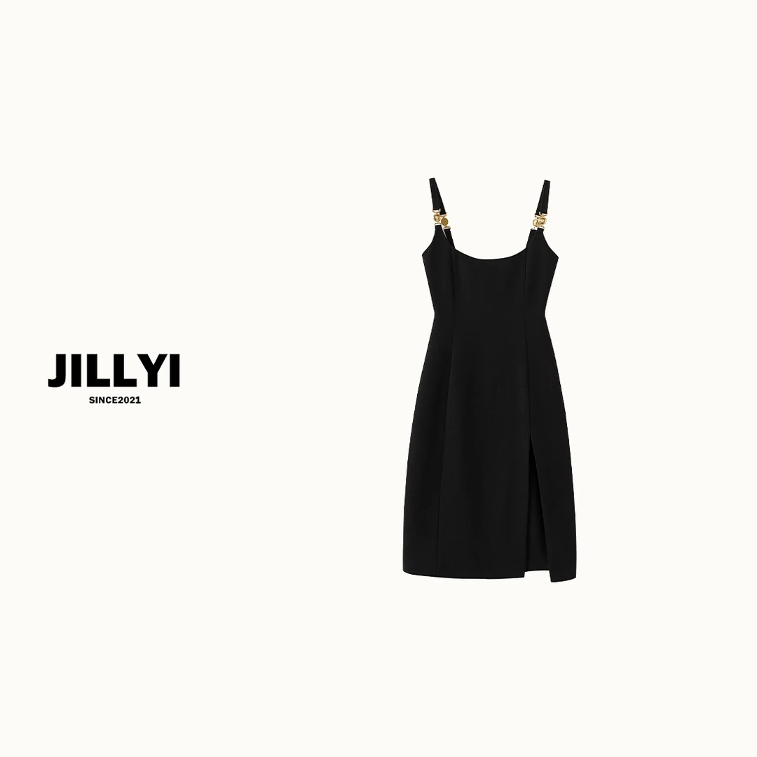 JILLYI南山店【黑金乐谱】黑色方领夏季无袖修法式连衣裙