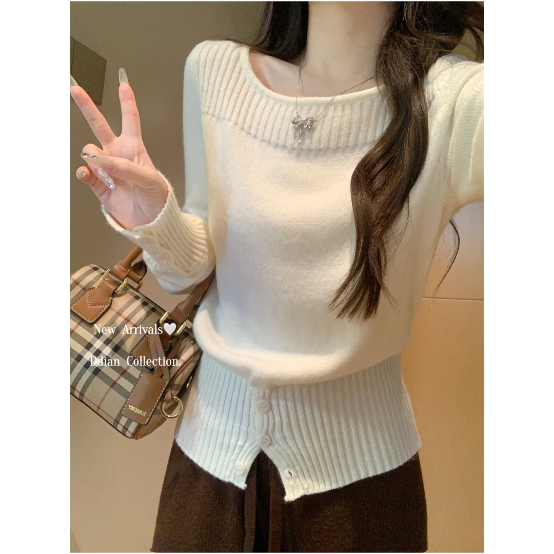 十二针miu系气质简约一字肩针织打底衫上衣女秋冬季纯欲内搭毛衣