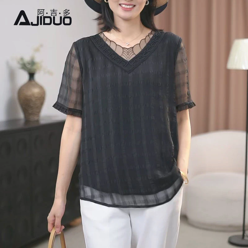 A22098阿吉多黑色短袖t恤夏季新款妈妈装气质小衫宽松加大女上衣