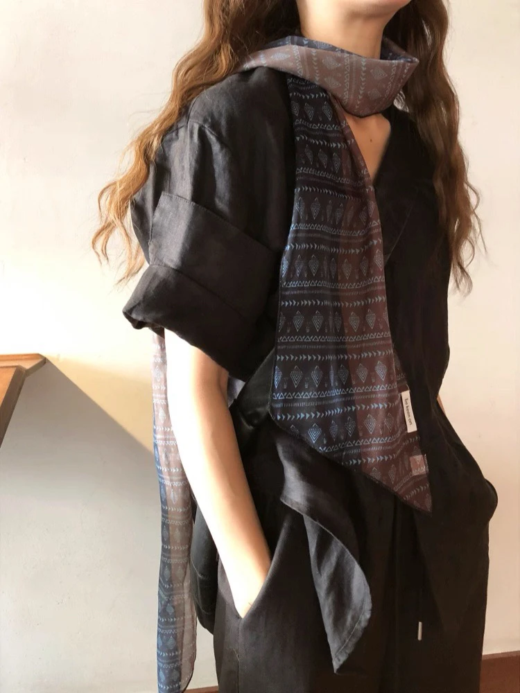 女休闲风不起球气质休闲韩版黑色薄款秋季丝巾拼色腰带