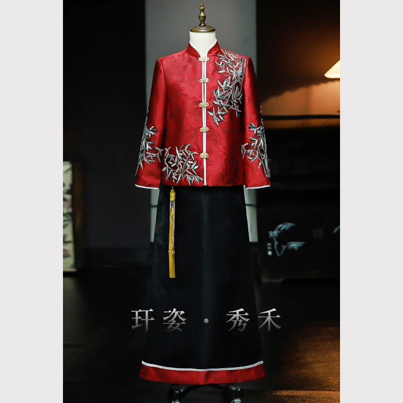 新中式新郎秀禾服男装马褂2025新款古风接亲装男士中国风礼服长袍