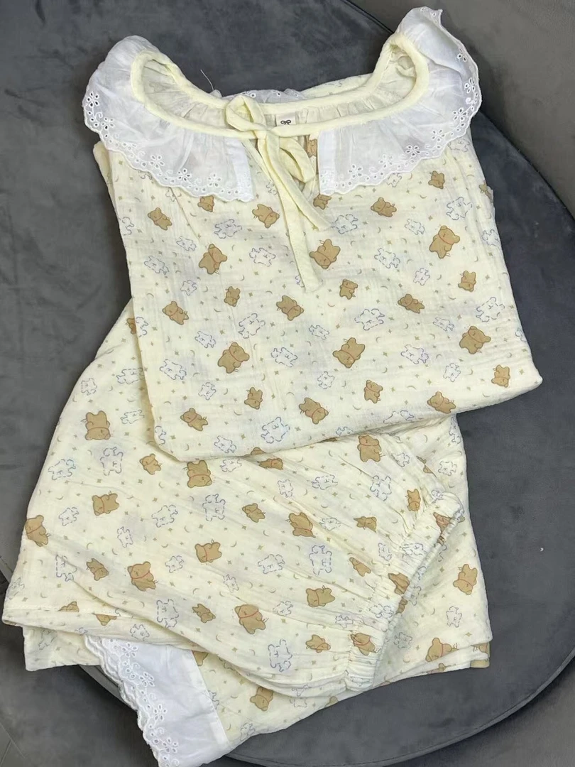 圆领婴儿棉纱夏季全棉睡衣长袖长裤新款家居服品牌高货